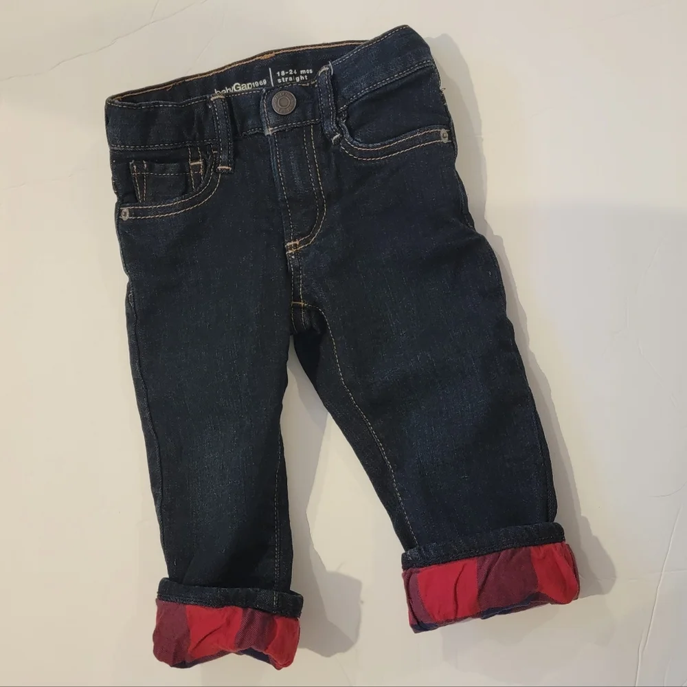 Gap Jeans Buffalo Plaid Flannel Lined Toddler Size 18- 24 months blue jeans pant